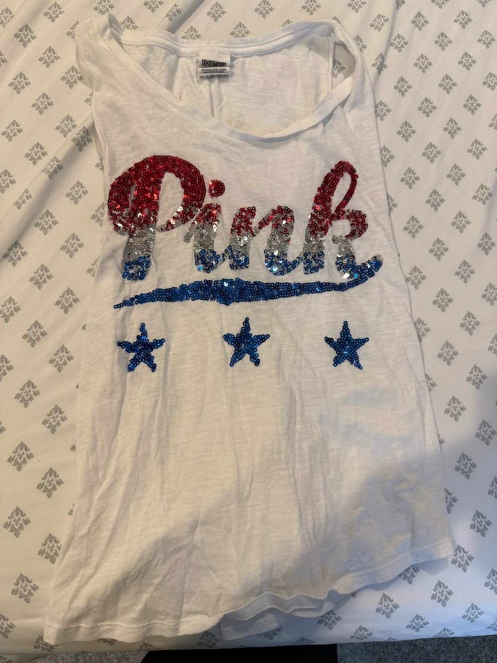 PINK Victoria's Secret White Tank with Red, Silver & Blue Sequin Script